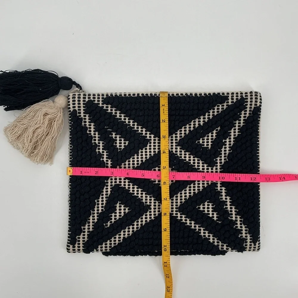 Navy and Cream Bohemian Geometric Patterned Clutch with tassel